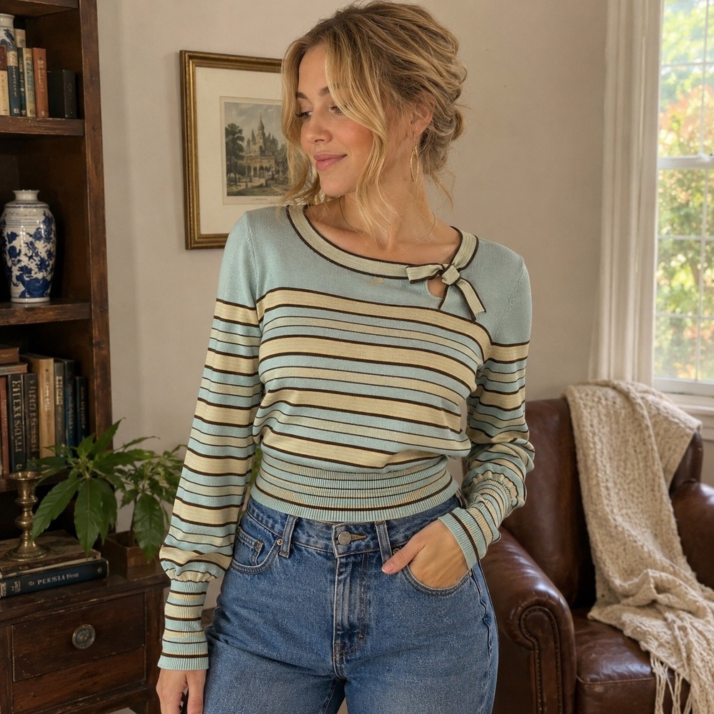 Vintage Kasper Petite M Striped Knit Sweater Bow Neck Y2K 90s Rayon Nylon